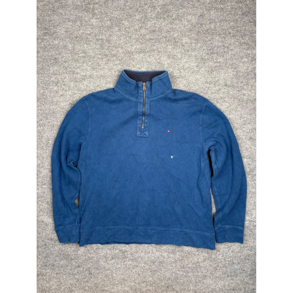 Tommy Hilfiger Mens Quarter Zip Pullover Sweater Blue Cotton Size Large Logo